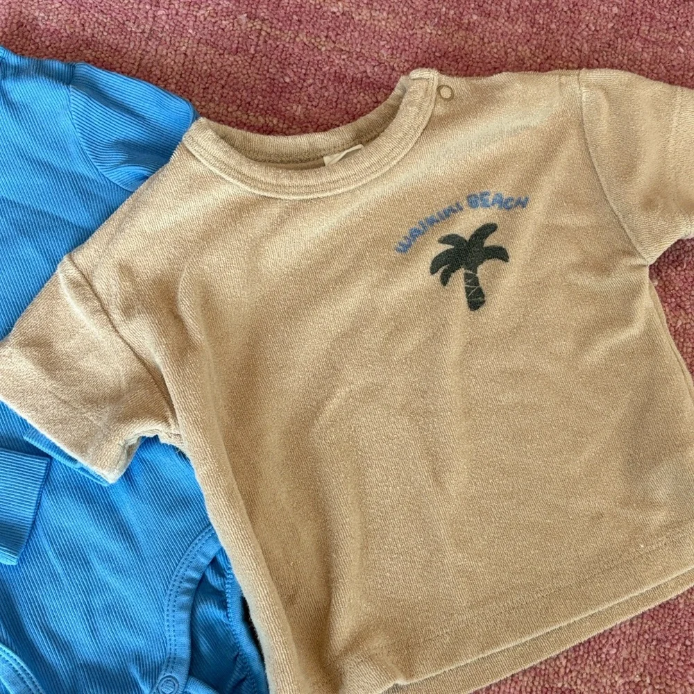 H&M Blue Ribbed Organic Cotton Bodysuit + Beige Palm Tree Terry Cloth Shirt
